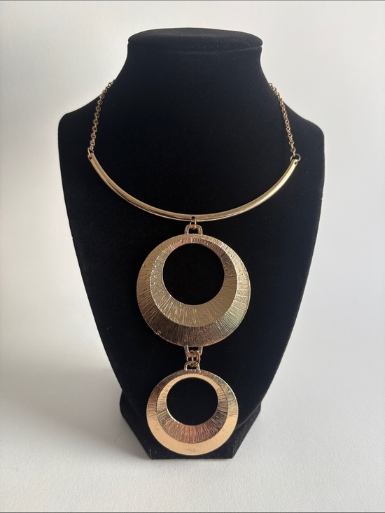 Jewelry - Gold Double Circle Necklace Textured Open Pendant Women Jewelry